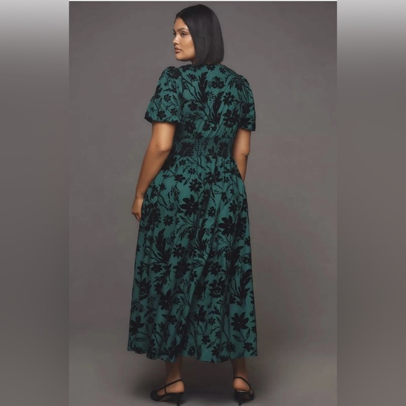 ANTHROPOLOGIE Katerina Button Front Green With Velvet Floral Dress size 1X - Picture 3 of 7